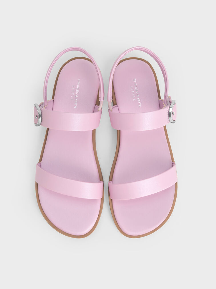 صنادل للبنات بحزام مزدوج سلينجباك مفتوح من الخلف وإبزيم كريستالي ولمعة اللؤلؤ, وردي خجول, hi-res