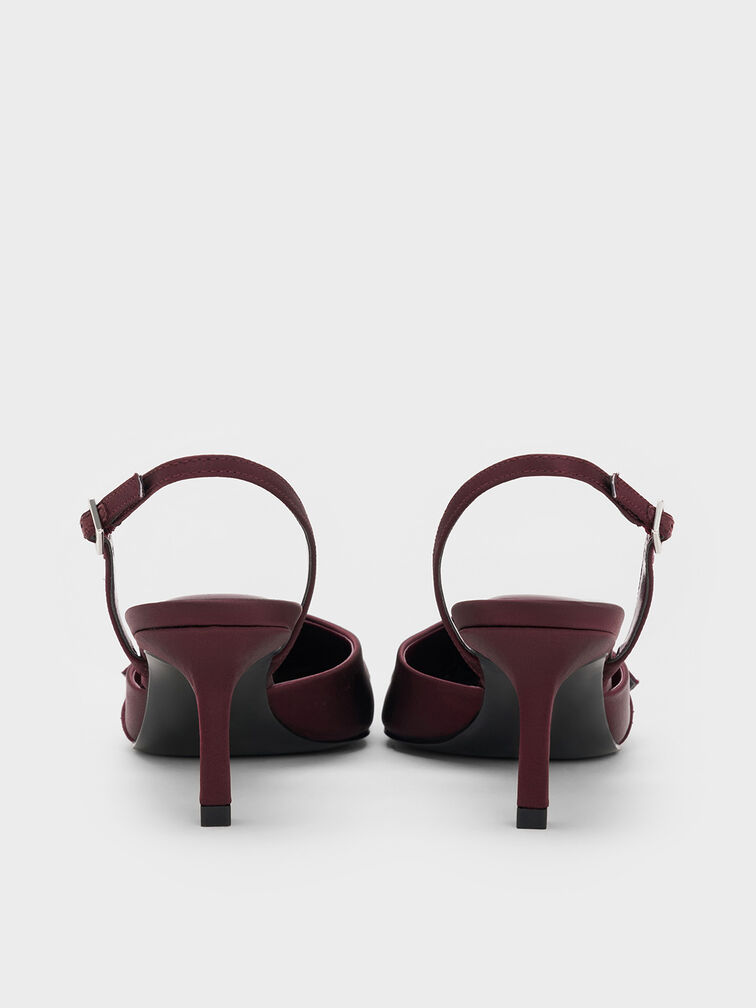 حذاء جاني من البوليستر المعاد تدويره بكعب عالٍ وتصميم مفتوح من الخلف وحزام كاحل مزين بالكريستال, برغندي, hi-res