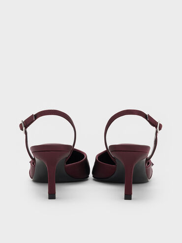 حذاء جاني من البوليستر المعاد تدويره بكعب عالٍ وتصميم مفتوح من الخلف وحزام كاحل مزين بالكريستال, برغندي, hi-res