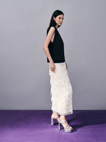 صندل بنعل سميك وشريط على شكل حرف T ببريق معدني لامع, فضي, hi-res