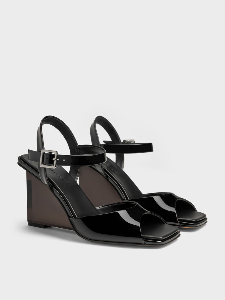 أحذية بكعب ويدج لامع بحزام للكاحل وكعب شفاف, أسود براق, hi-res