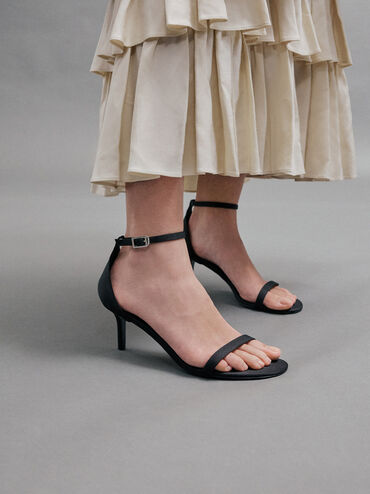 Grosgrain Stiletto-Heel Ankle-Strap Sandals, Black Textured, hi-res