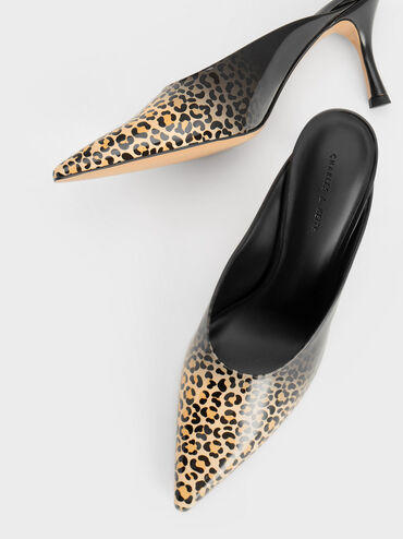 Patent Leopard Print Spool Heel Mules, Multi, hi-res