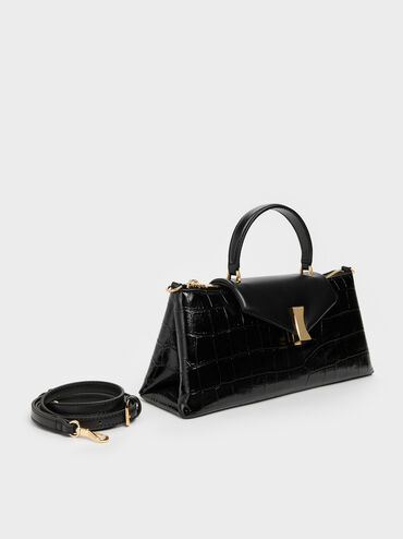 Lilibet Croc-Effect Elongated Top Handle Bag, Black, hi-res