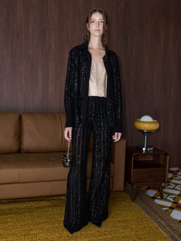 حقيبة مايكرو جيني مبطنة مزينة باللؤلؤ بمقبض سلسلة, أسود, hi-res