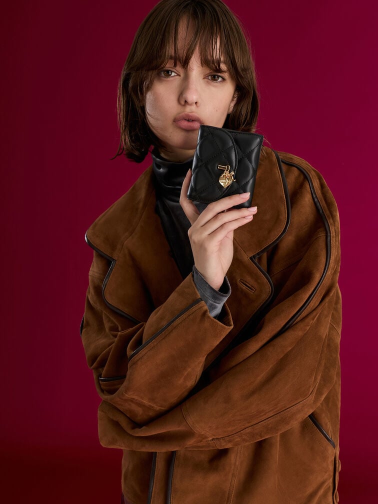 Arrietty Quilted Bow-Heart Charm Curved-Flap Wallet, Black, hi-res