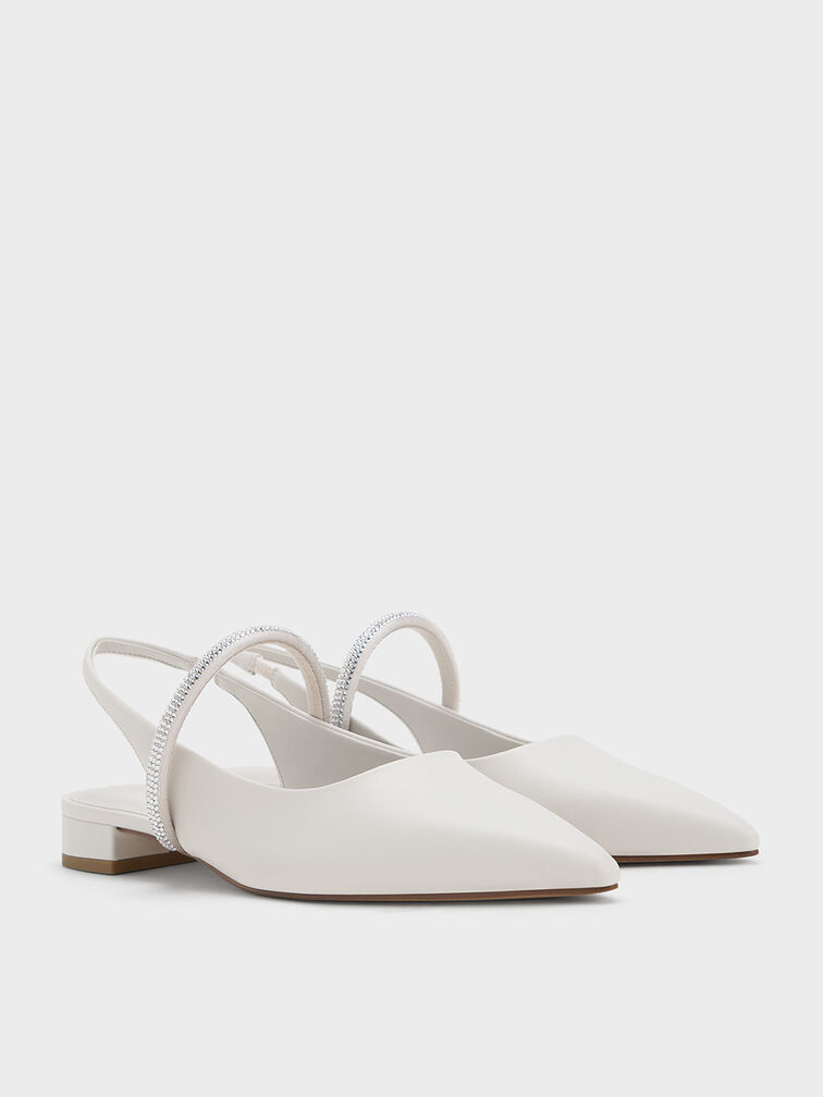 Crystal-Strap Pointed-Toe Slingback Flats, White, hi-res