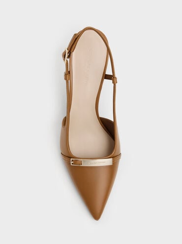 Metallic-Bar Pointed Slingback Pumps, Cognac, hi-res