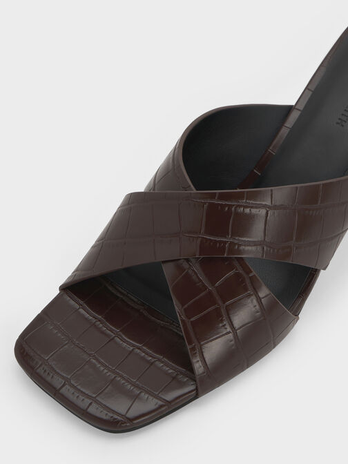 Georgina Croc-Effect Crossover-Strap Blade-Heel Mules, Animal Print Brown, hi-res
