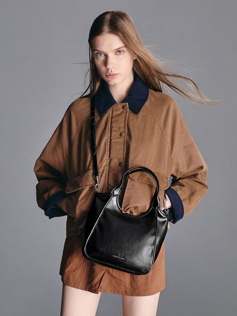 شنطة توت صغيرة سيانا بتأثير مجعد تصميم مرن, أسود كلاسيكي, hi-res