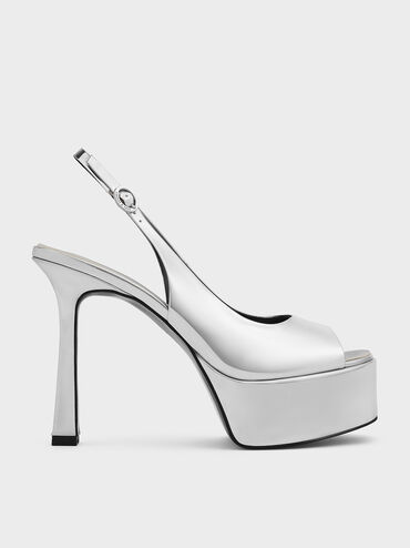Metallic Peep-Toe Stiletto-Heel Platform Sandals, Silver, hi-res