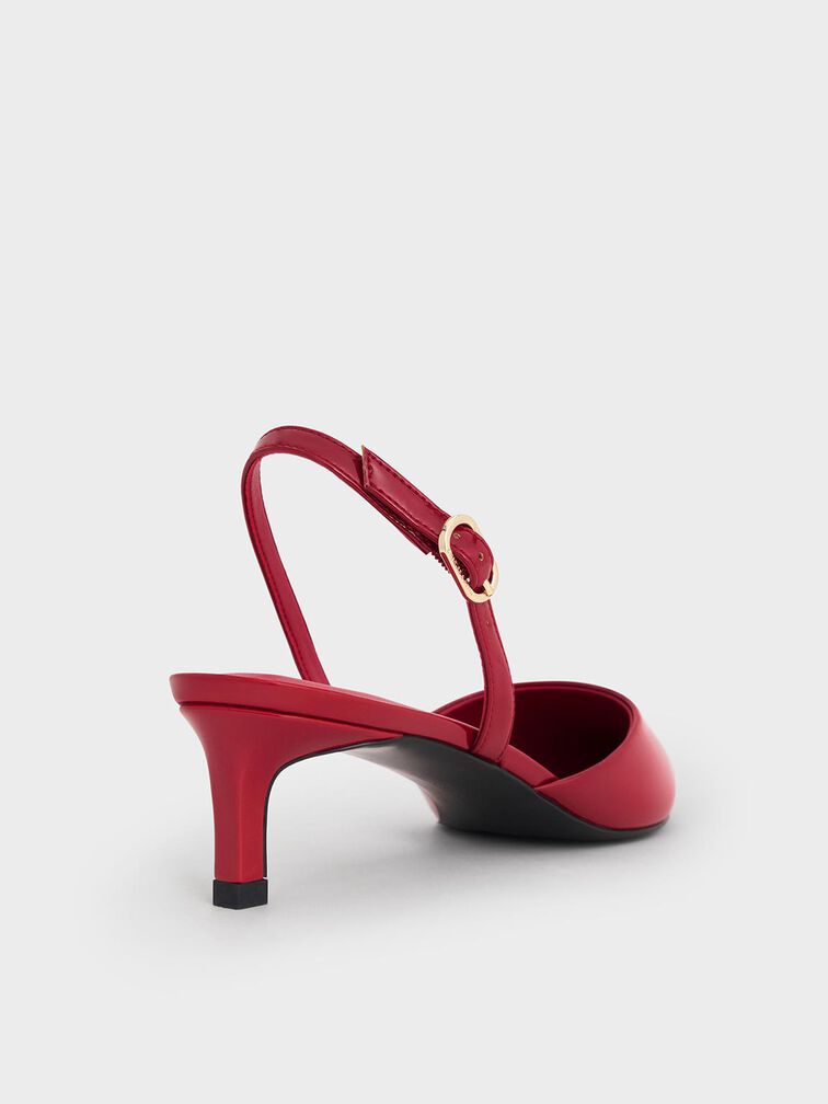 حذاء سلينجباك مفتوح الظهر بكعب كيتن ومقدمة مدببة ومظهر لامع, أحمر, hi-res