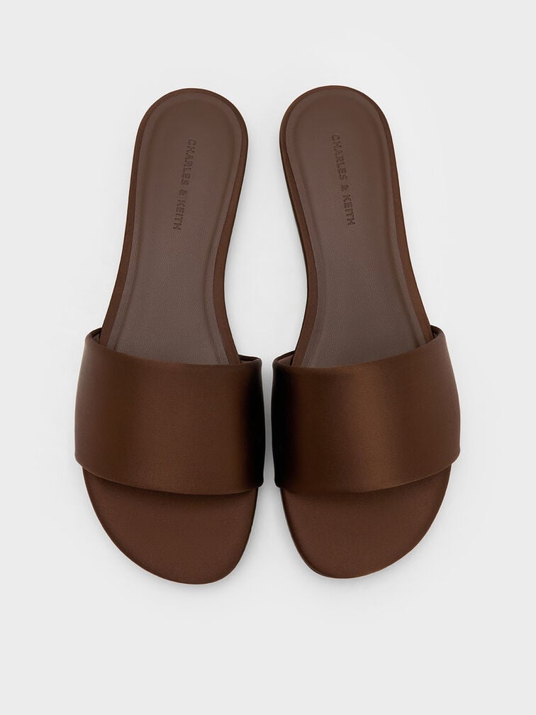 Satin Slide Sandals, Dark Brown, hi-res