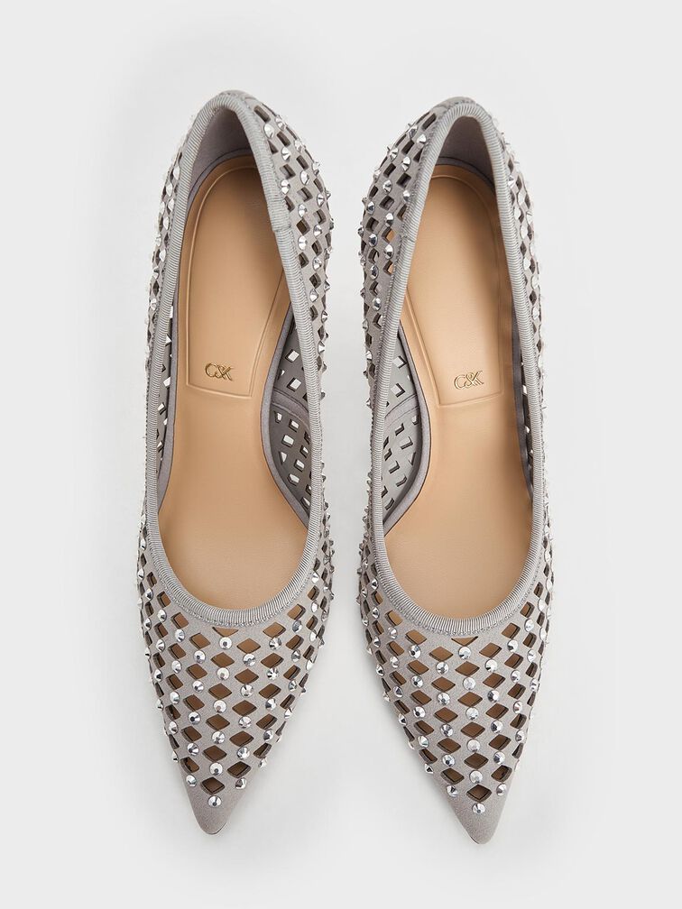 Studded Cut-Out Pointed-Toe Pumps, Light Grey, hi-res