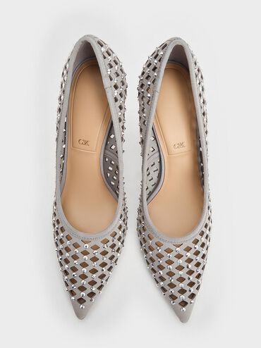 Studded Cut-Out Pointed-Toe Pumps, Light Grey, hi-res