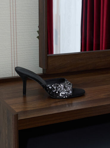 ميولز بكعب ستيليتو مزين بالترتر, أسود خشن, hi-res