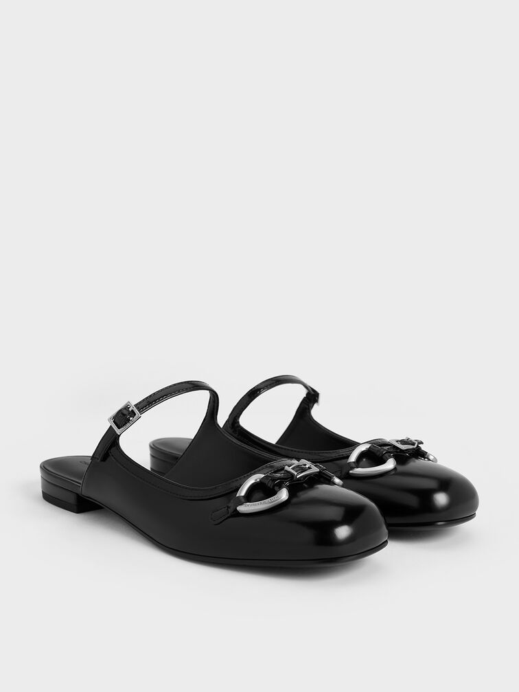 Metallic-Accent Flat Mules, Black Boxed, hi-res