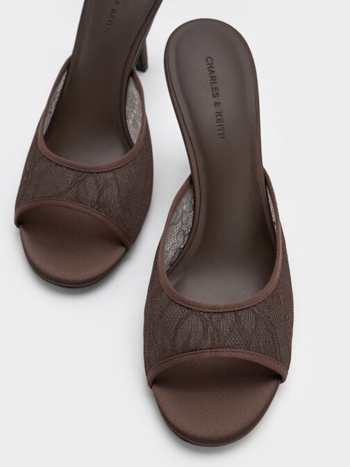 ميولز من الدانتيل بكعب ستيليتو, بني محبّب غامق, hi-res