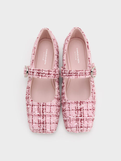 Girls' Tweed Crystal-Buckle Mary Jane Flats, Pink, hi-res