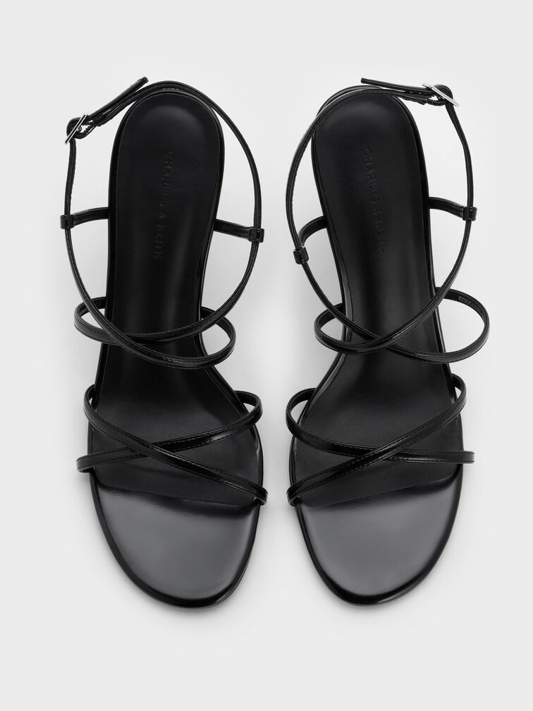Strappy Crossover Trapeze-Heel Sandals, Black Boxed, hi-res