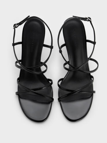 Strappy Crossover Trapeze-Heel Sandals, Black Boxed, hi-res