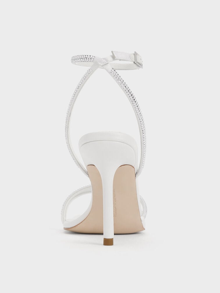 صندل من الساتان بكعب ستيليتو وتصميم مزين بالكريستال, أبيض, hi-res