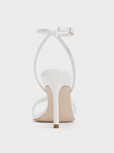 صندل من الساتان بكعب ستيليتو وتصميم مزين بالكريستال, أبيض, hi-res