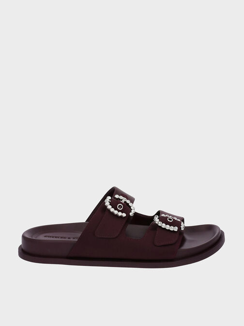 Recycled Polyester Embellished Buckle Sandals, Burgundy, hi-res