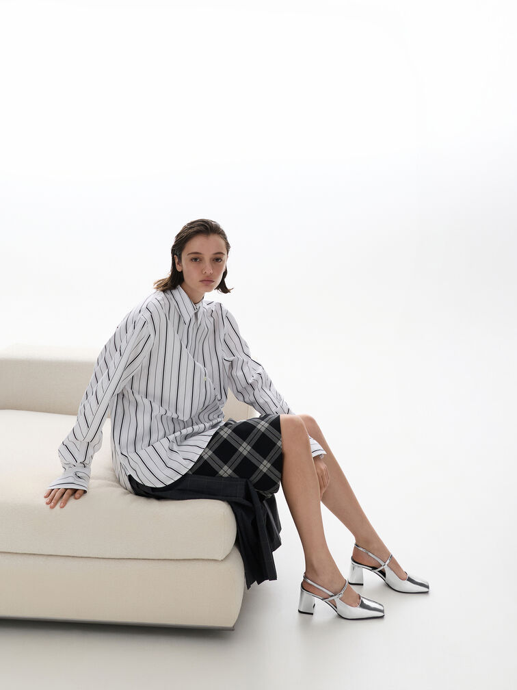 حذاء ماري جين بكعب عريض وحزام خلفي ومقدمة مربعة ميتاليك, فضي, hi-res