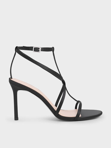 Satin Strappy Stiletto-Heel Sandals, Black Textured, hi-res