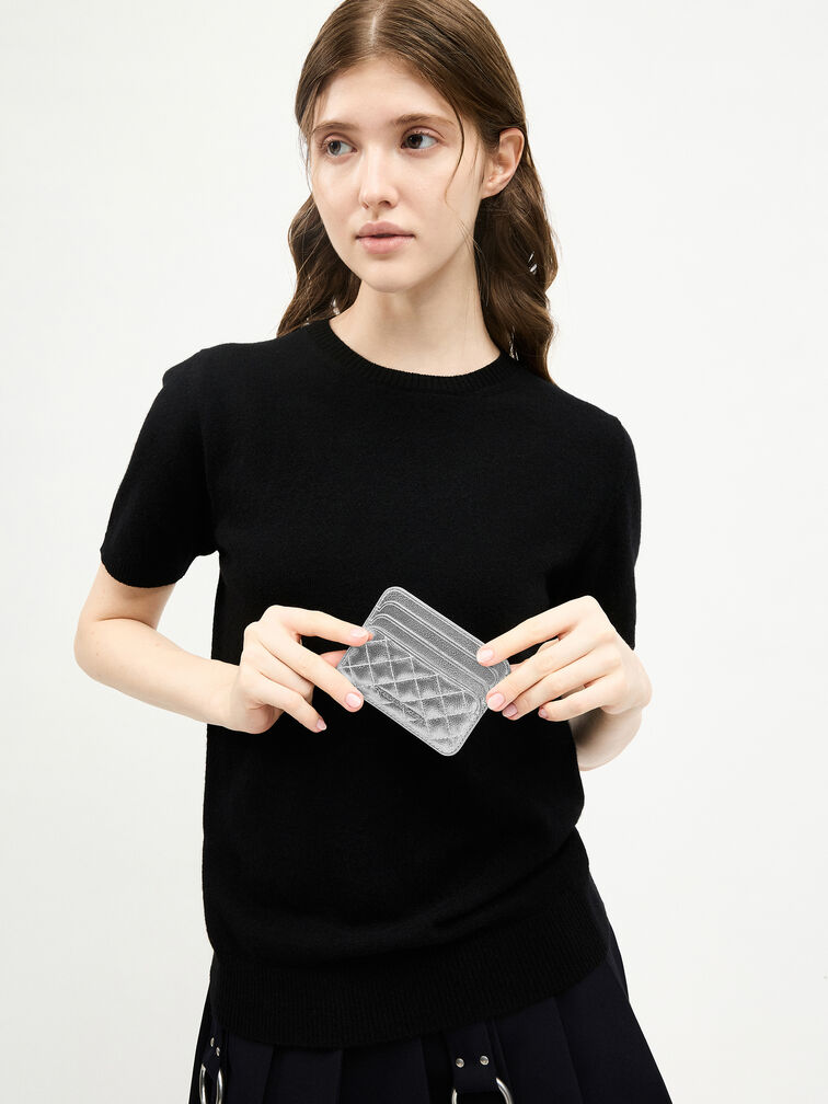 Cleo Metallic Quilted Card Holder, Silver, hi-res
