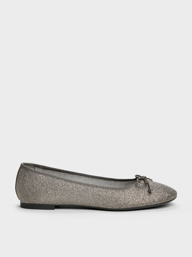 Glittered Mesh Bow Ballet Flats, Grey, hi-res