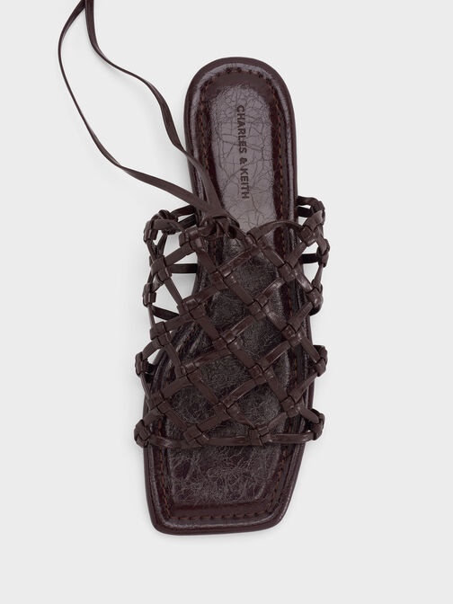 Woven Tie-Around Net Sandals, Burgundy, hi-res