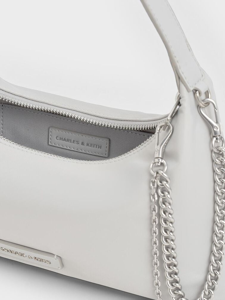 Nylon Chain-Link Trapeze Shoulder Bag, Light Grey, hi-res