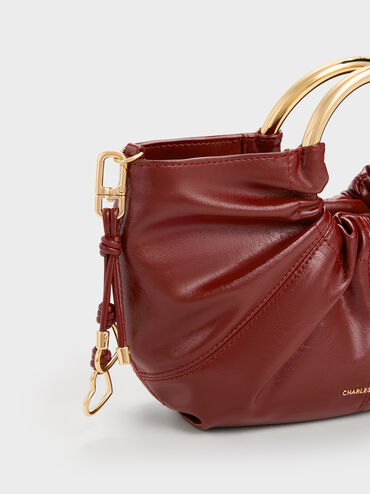 Ciara Ruched Metal Top Handle Bag, Burgundy, hi-res