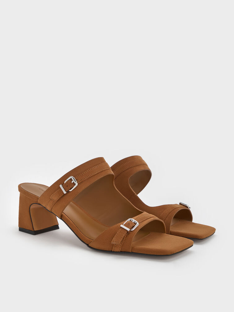 Faux Suede Buckled Double-Strap Heeled Mules, Cognac, hi-res