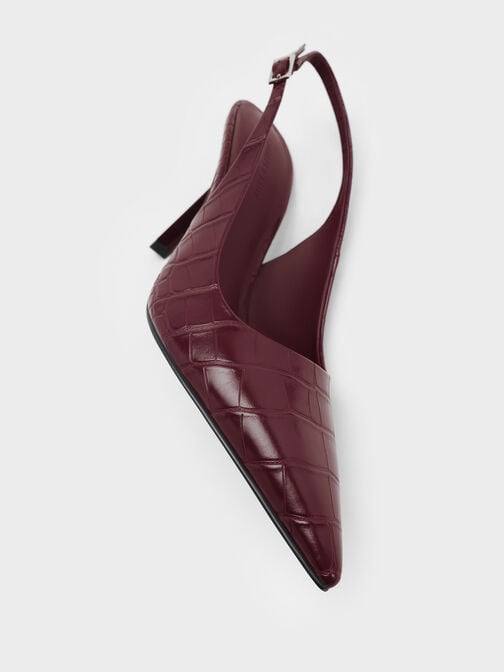 Croc-Effect Pointed-Toe Slingback Pumps, Animal Print Burgundy, hi-res