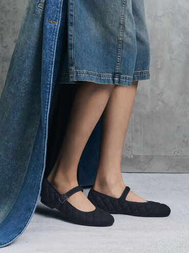 Carmel Felt Quilted Mary Jane Flats, Dark Blue, hi-res