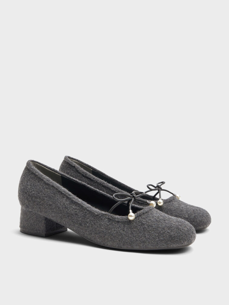 Barbara Felt Pearl-Bow Ballet Pumps, Grey, hi-res