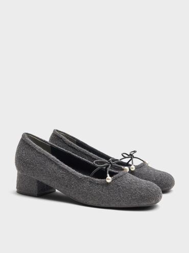 Barbara Felt Pearl-Bow Ballet Pumps, Grey, hi-res