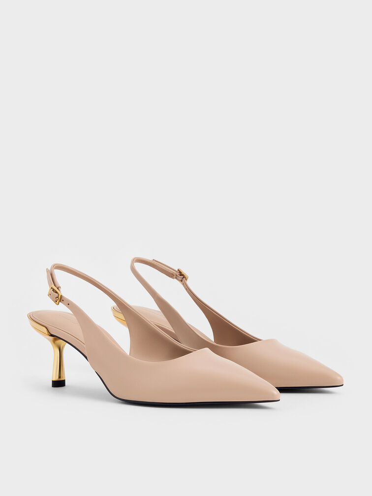 حذاء مفتوح من الخلف بكعب القطة الكلاسيكي ولمعة معدنية, لون البشرة الطبيعي, hi-res