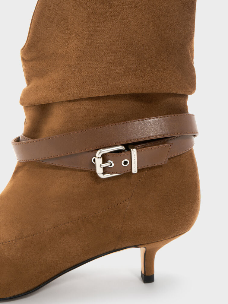 Karter Faux Suede Pointed-Toe Ruched Buckled Kitten-Heel Boots, Cognac, hi-res