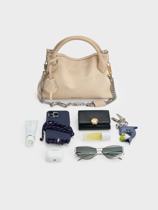 حقيبة حمل صغيرة بسلسلة دلفينا, بيج مخملي, hi-res