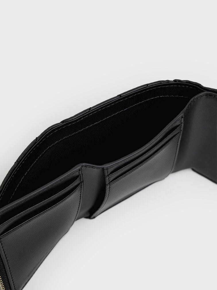 Arrietty Quilted Bow-Heart Charm Curved-Flap Wallet, Black, hi-res