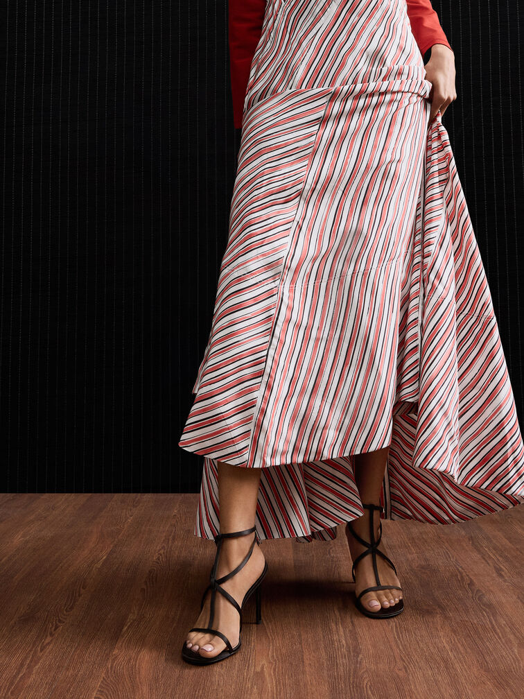 Satin Strappy Stiletto-Heel Sandals, Black Textured, hi-res