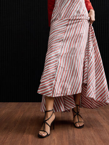 Satin Strappy Stiletto-Heel Sandals, Black Textured, hi-res