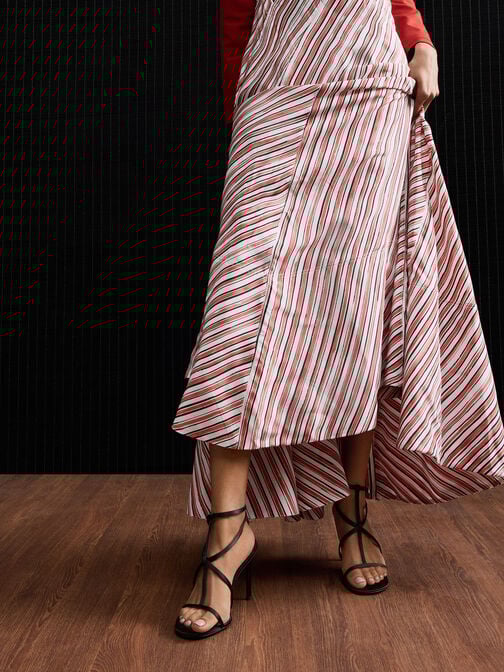 Satin Strappy Stiletto-Heel Sandals, Black Textured, hi-res