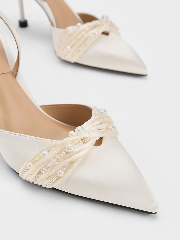 Leda Beaded Satin Ankle-Strap Pumps, White, hi-res
