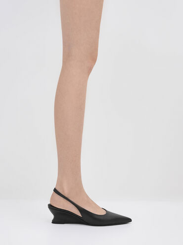 حذاء مفتوح من الخلف بكعب (بامبس) ومقدمة مدببة وكعب منحوت, أسود, hi-res