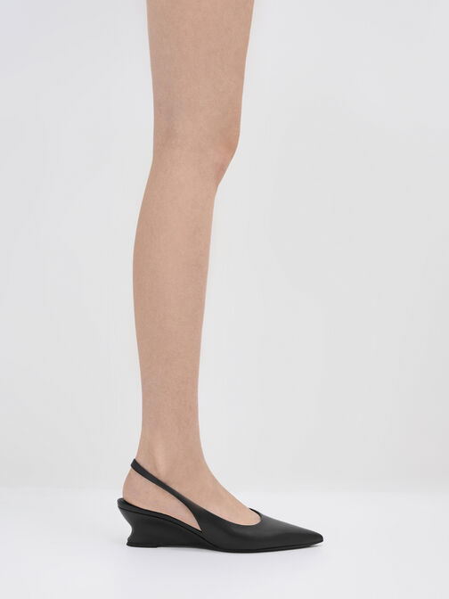 Sculptural-Heel Slingback Wedges, Black, hi-res